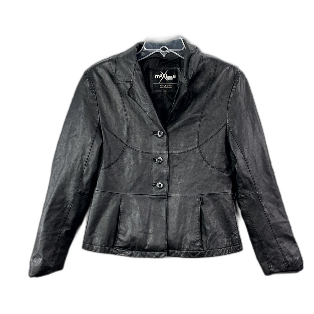 Wilsons Leather Maxima Blazer Jacket Womens Medium Black Button Front Streetwear